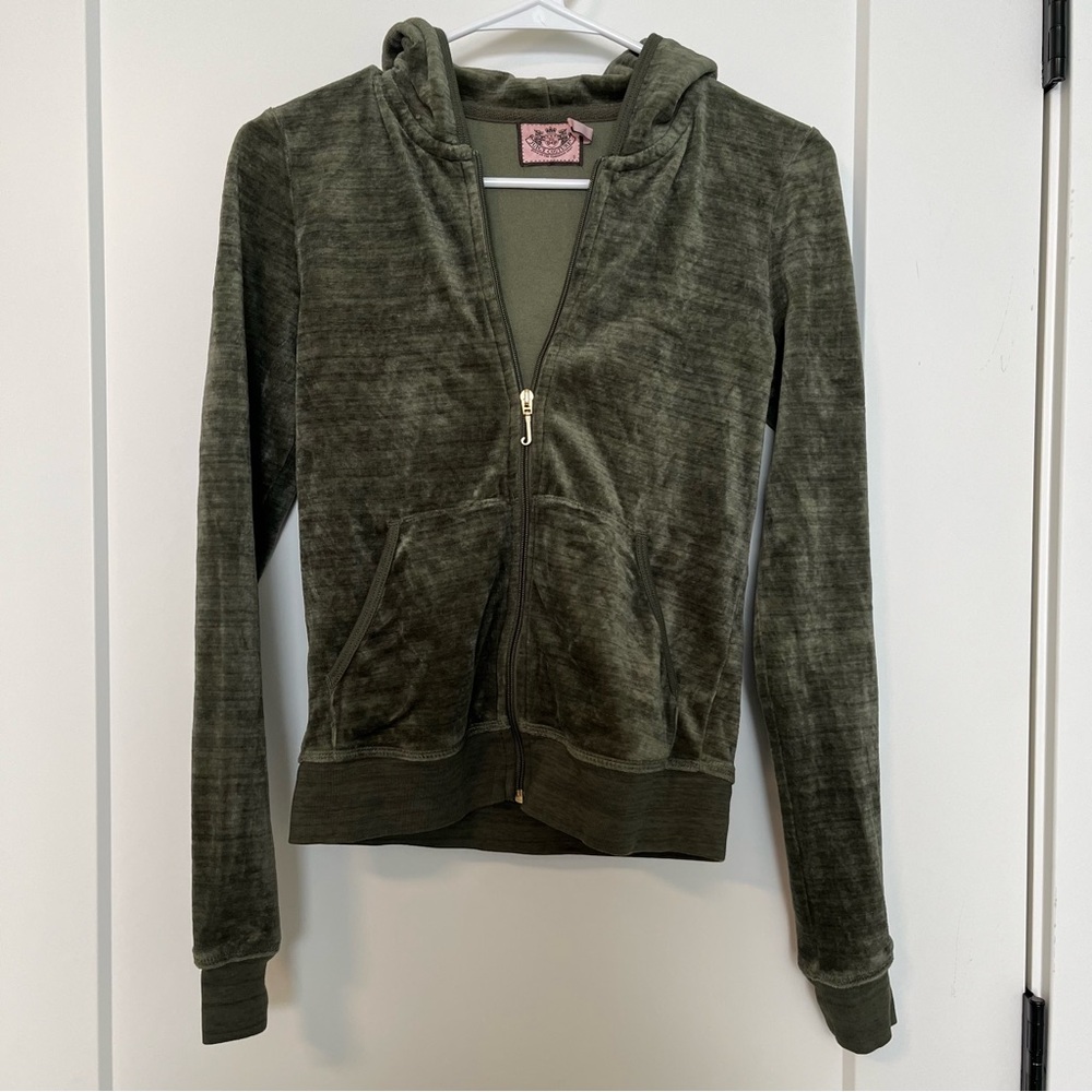 Juicy Couture Dark Green Olive Velour Hoodie Tracksuit Jacket Vintage